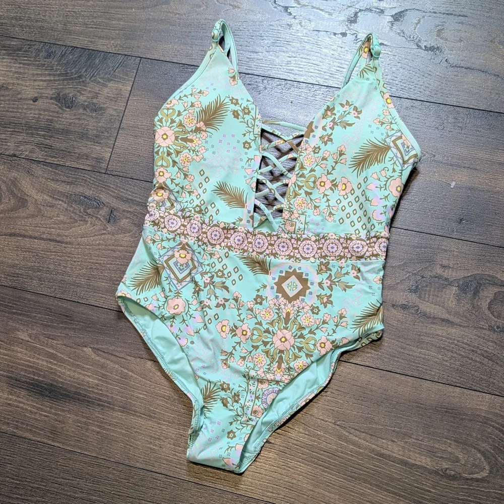 Seafolly Australia Free Spirit Lace Up Maillot One Piece Fresh Mint Size 8